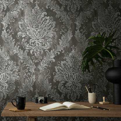 Mustertapete Barock-Ornament Anthrazit-Silber - 10,05 m x 0,53 m