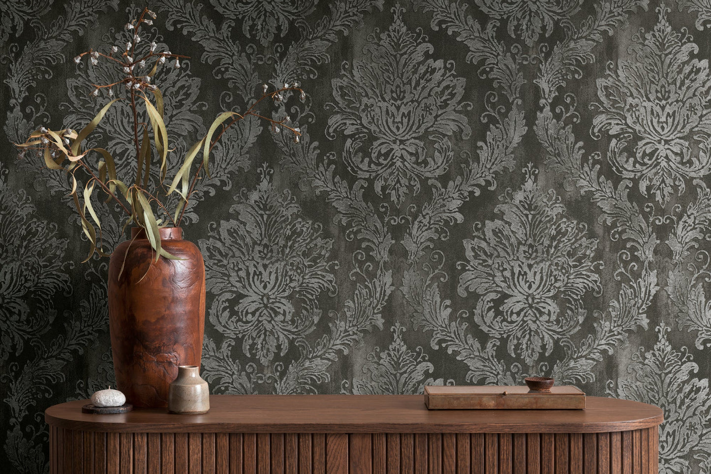 Mustertapete Barock-Ornament Anthrazit-Silber - 10,05 m x 0,53 m