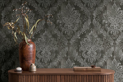 Mustertapete Barock-Ornament Anthrazit-Silber - 10,05 m x 0,53 m