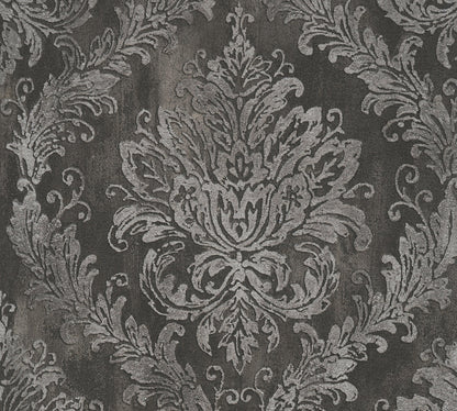 Mustertapete Barock-Ornament Anthrazit-Silber - 10,05 m x 0,53 m