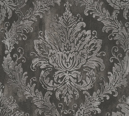 Mustertapete Barock-Ornament Anthrazit-Silber - 10,05 m x 0,53 m