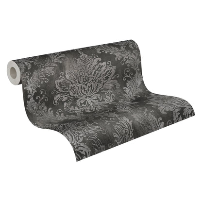 Mustertapete Barock-Ornament Anthrazit-Silber - 10,05 m x 0,53 m