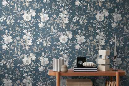 Livingwalls CosmoLiving Petal Poetry-Unfold Blüten Blau Metallic - 10,05 m x 0,53 m