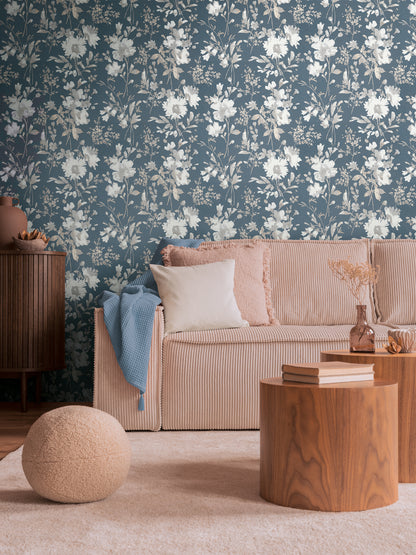 Livingwalls CosmoLiving Petal Poetry-Unfold Blüten Blau Metallic - 10,05 m x 0,53 m