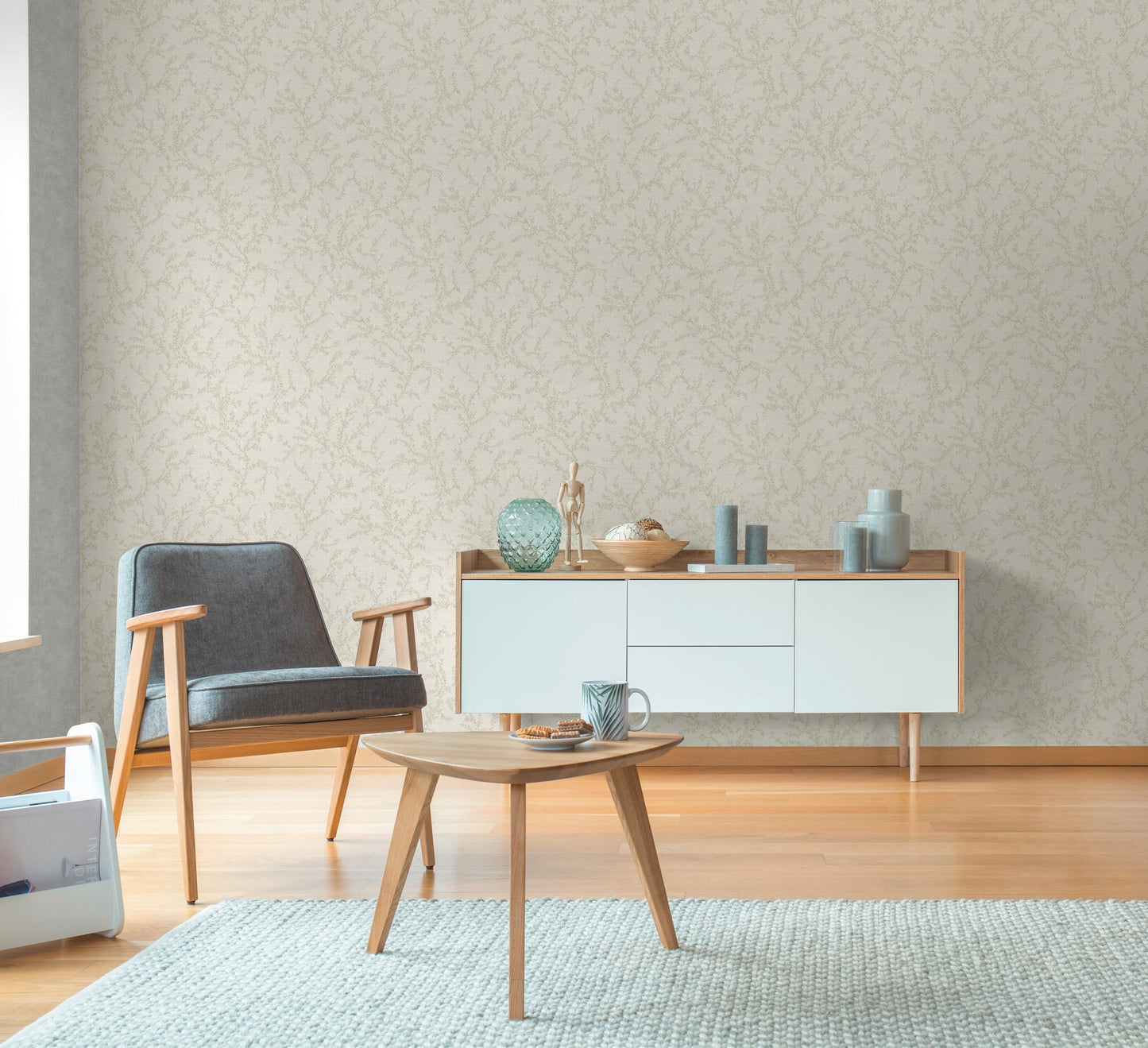 Mustertapete Zarte Blattranken Hellbeige - 10,05 m x 0,53 m