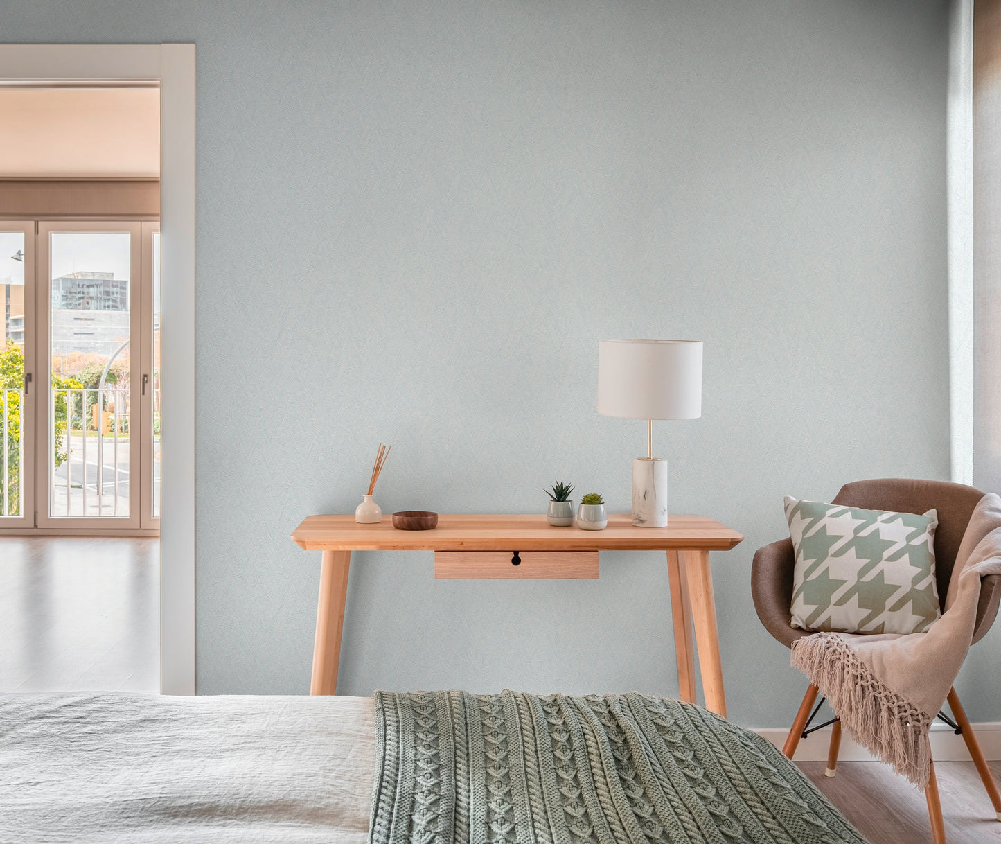 Mustertapete Fischgrät-Weboptik Pastellblau - 10,05 m x 0,53 m
