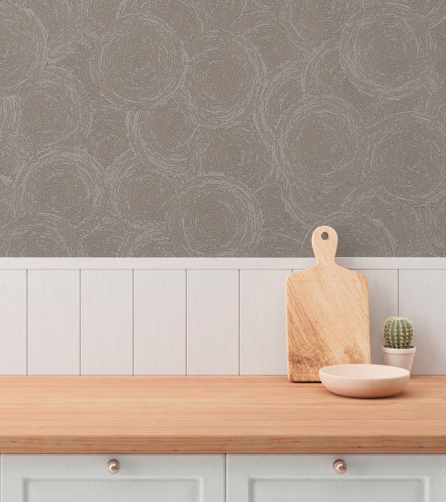 Mustertapete Seil-Spiralen Taupe - 10,05 m x 0,53 m