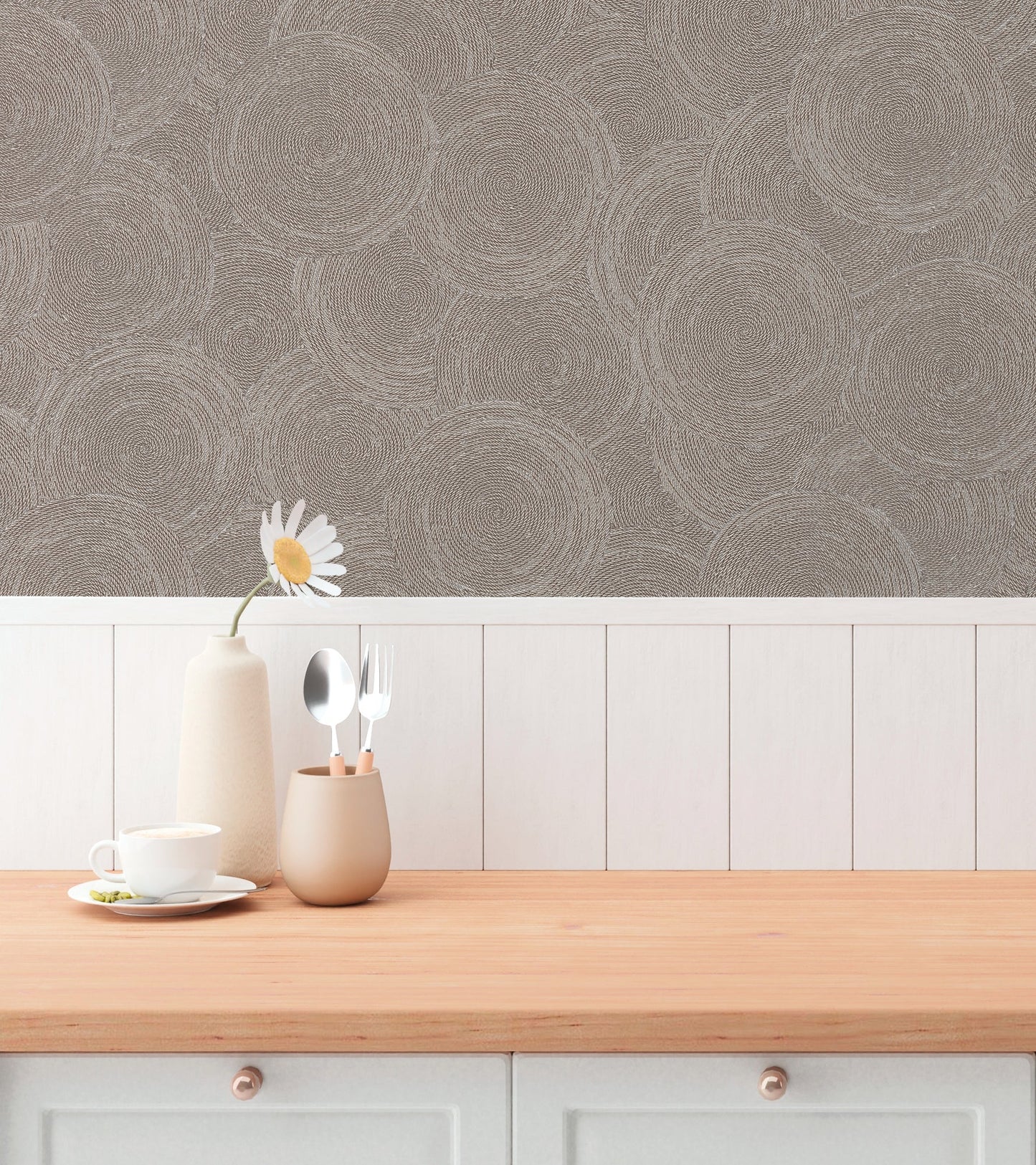 Mustertapete Seil-Spiralen Taupe - 10,05 m x 0,53 m