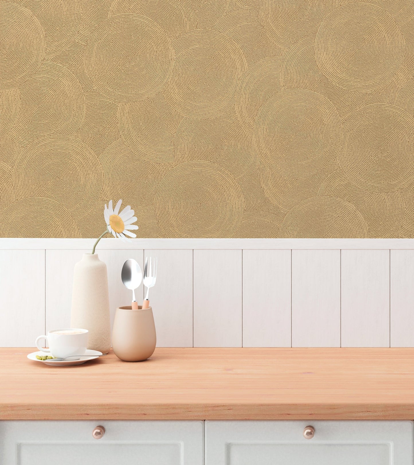 Mustertapete Seil-Spiralen Gold-Beige - 10,05 m x 0,53 m