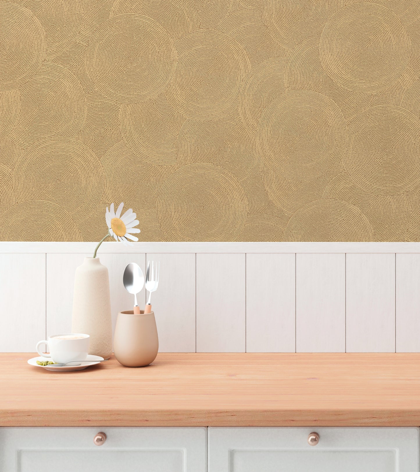 Mustertapete Seil-Spiralen Gold-Beige - 10,05 m x 0,53 m