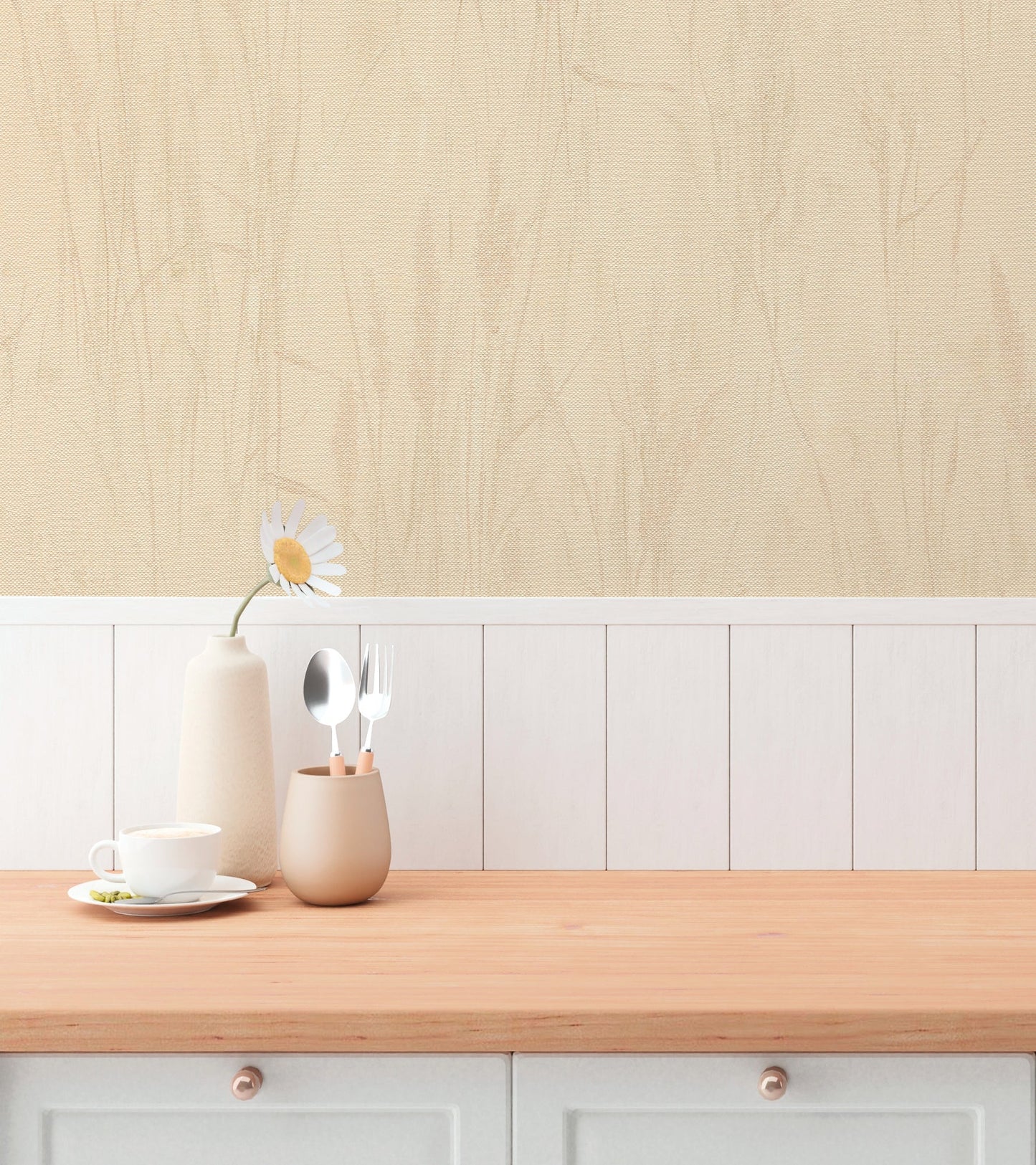 Mustertapete Gräser-Silhouette Apricot-Beige - 10,05 m x 0,53 m