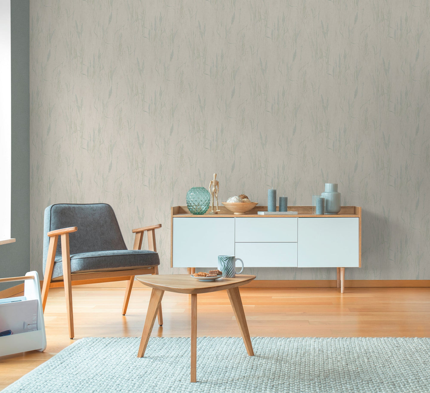 Mustertapete Gräser-Silhouette Mint-Grau - 10,05 m x 0,53 m