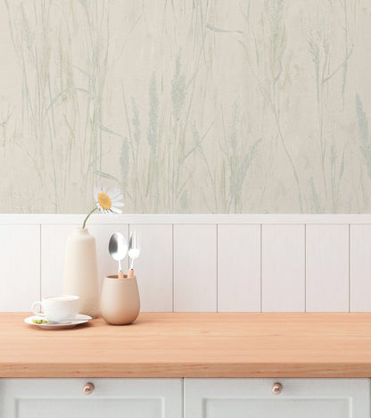 Mustertapete Gräser-Silhouette Mint-Grau - 10,05 m x 0,53 m