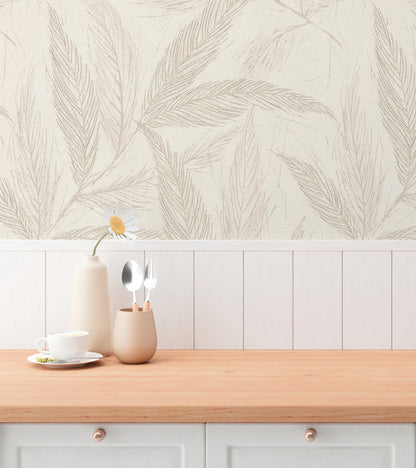 Mustertapete Farn-Blätter Beige-Grau - 10,05 m x 0,53 m