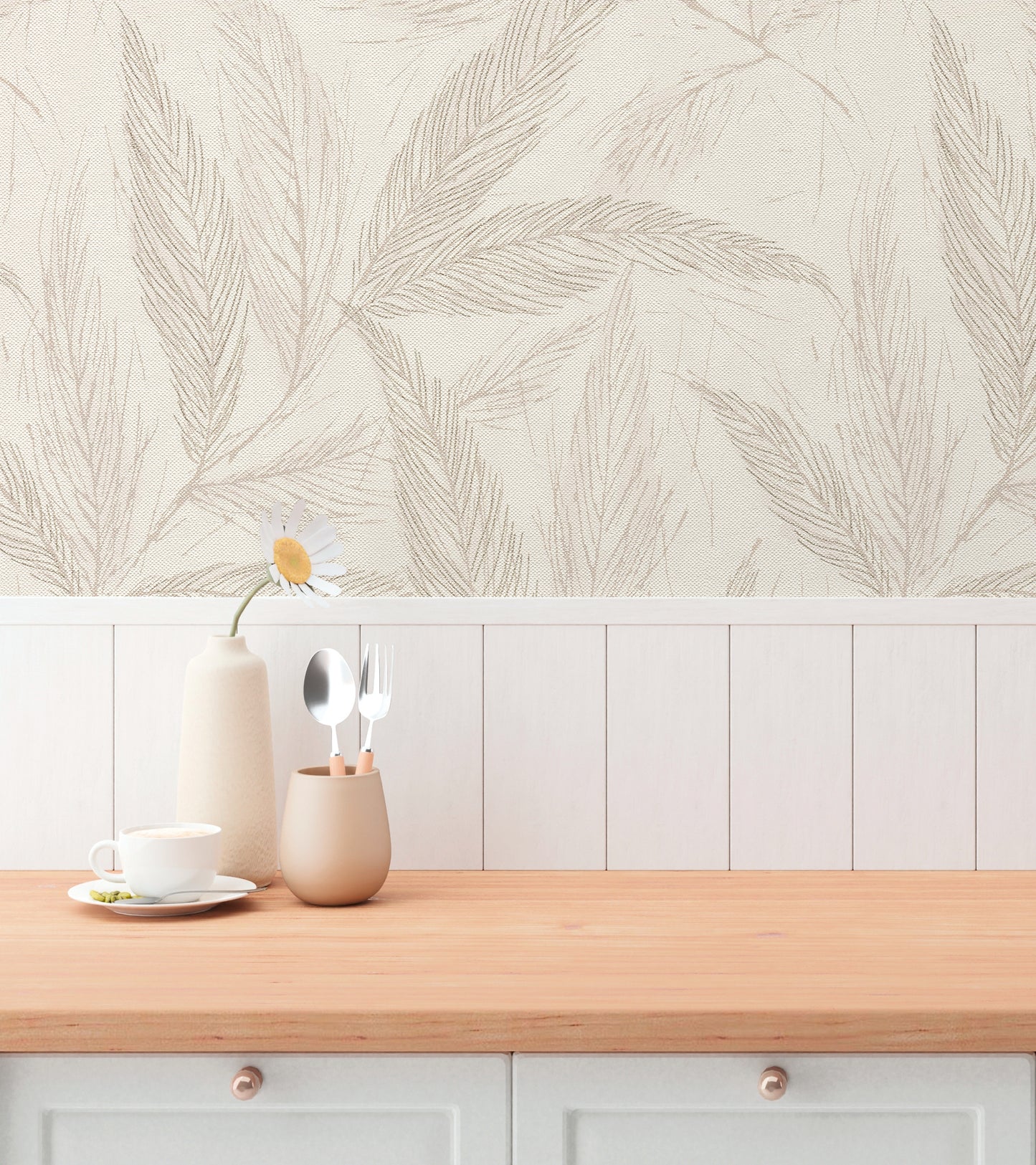 Mustertapete Farn-Blätter Beige-Grau - 10,05 m x 0,53 m