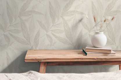 Mustertapete Farn-Blätter Beige-Grau - 10,05 m x 0,53 m