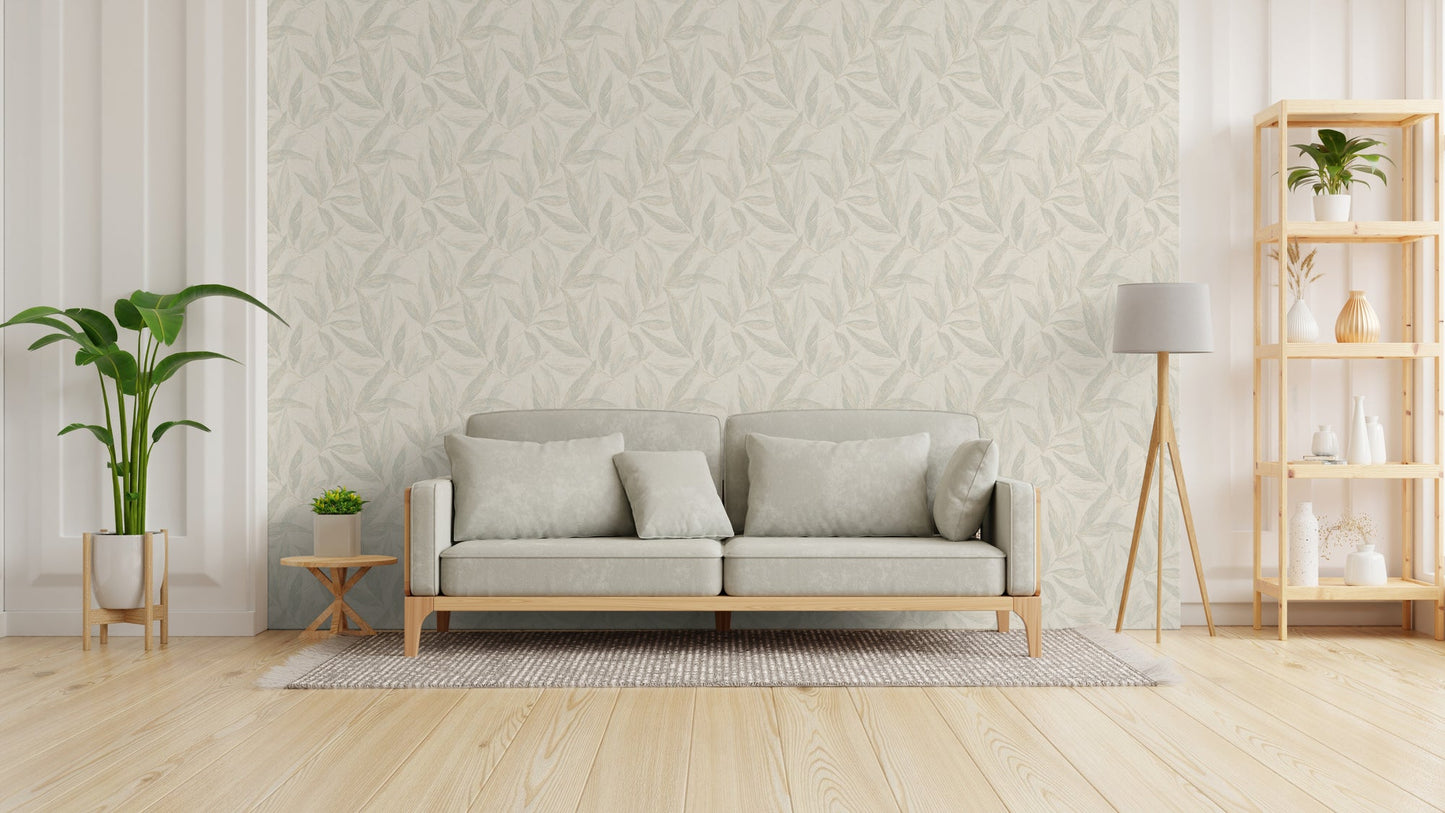 Mustertapete Farn-Blätter Mint-Beige - 10,05 m x 0,53 m