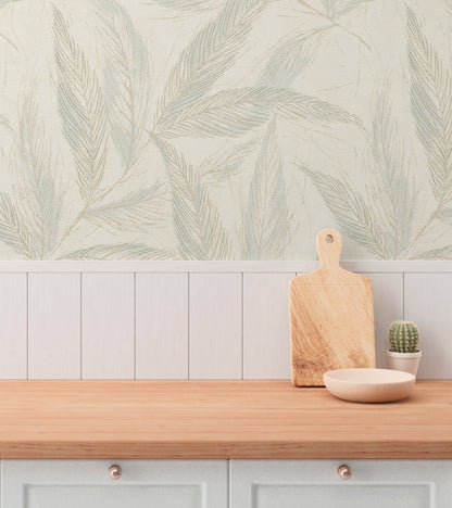 Mustertapete Farn-Blätter Mint-Beige - 10,05 m x 0,53 m