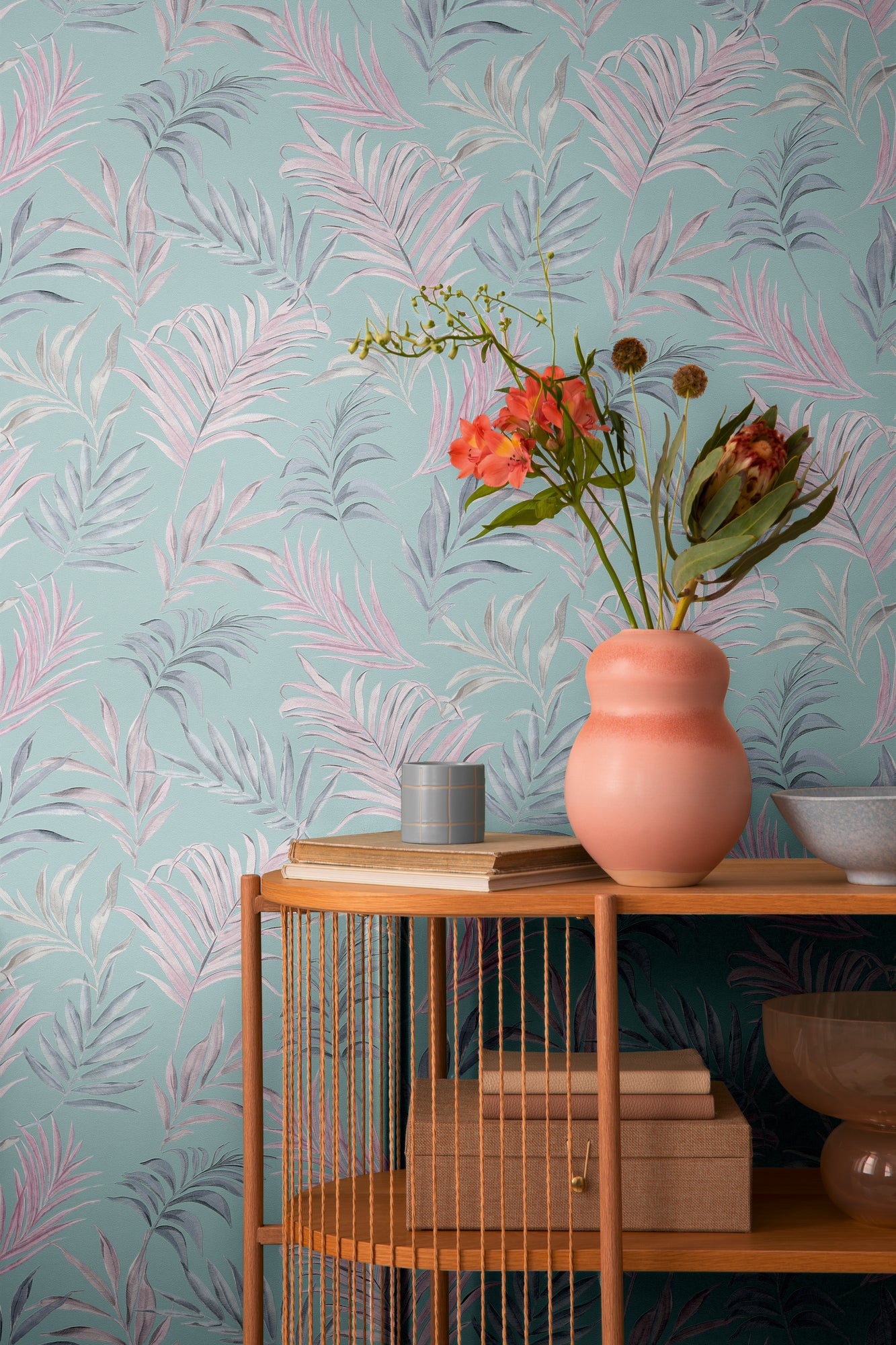 Livingwalls CosmoLiving Midnight Botanica-Mystery Palmenblätter Blau Rosa - 10,05 m x 0,53 m