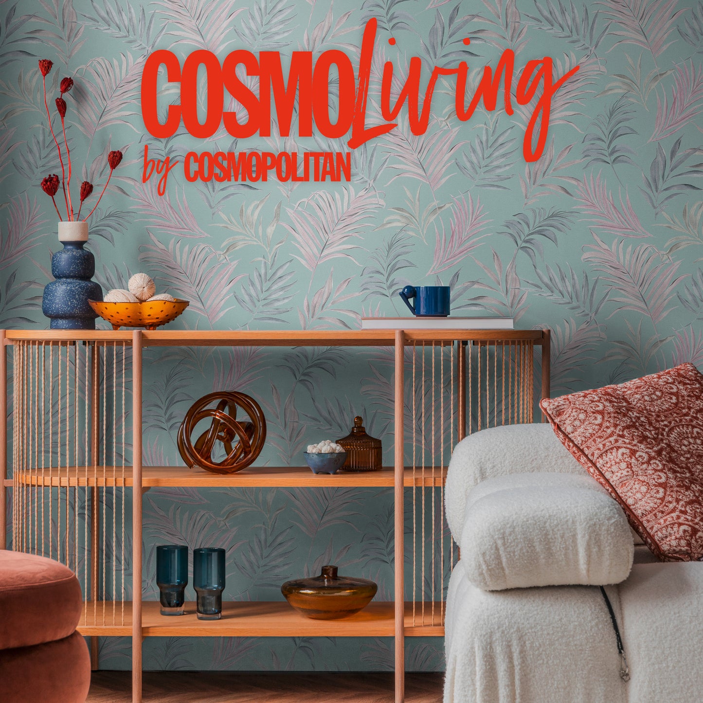 Livingwalls CosmoLiving Midnight Botanica-Mystery Palmenblätter Blau Rosa - 10,05 m x 0,53 m