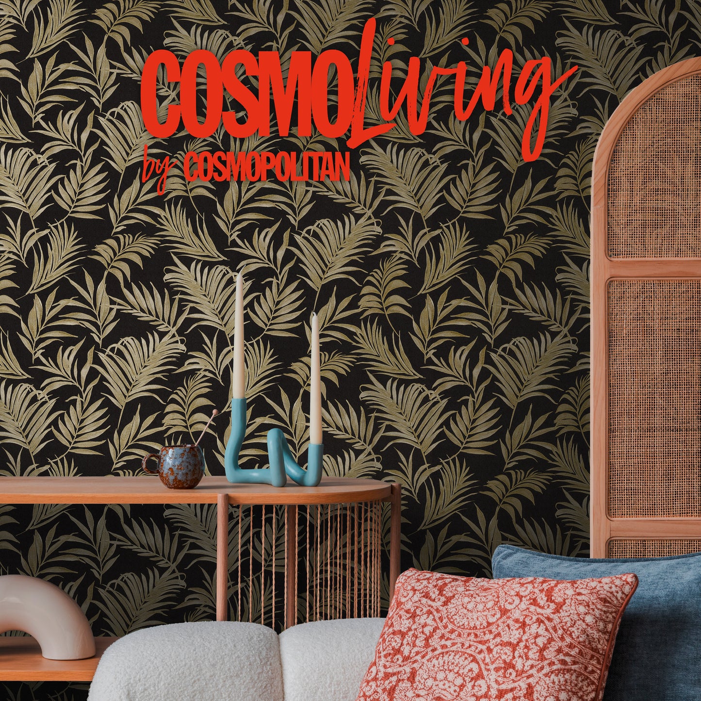 Livingwalls CosmoLiving Midnight Botanica-Mystery Palmenblätter Blau Rot - 10,05 m x 0,53 m
