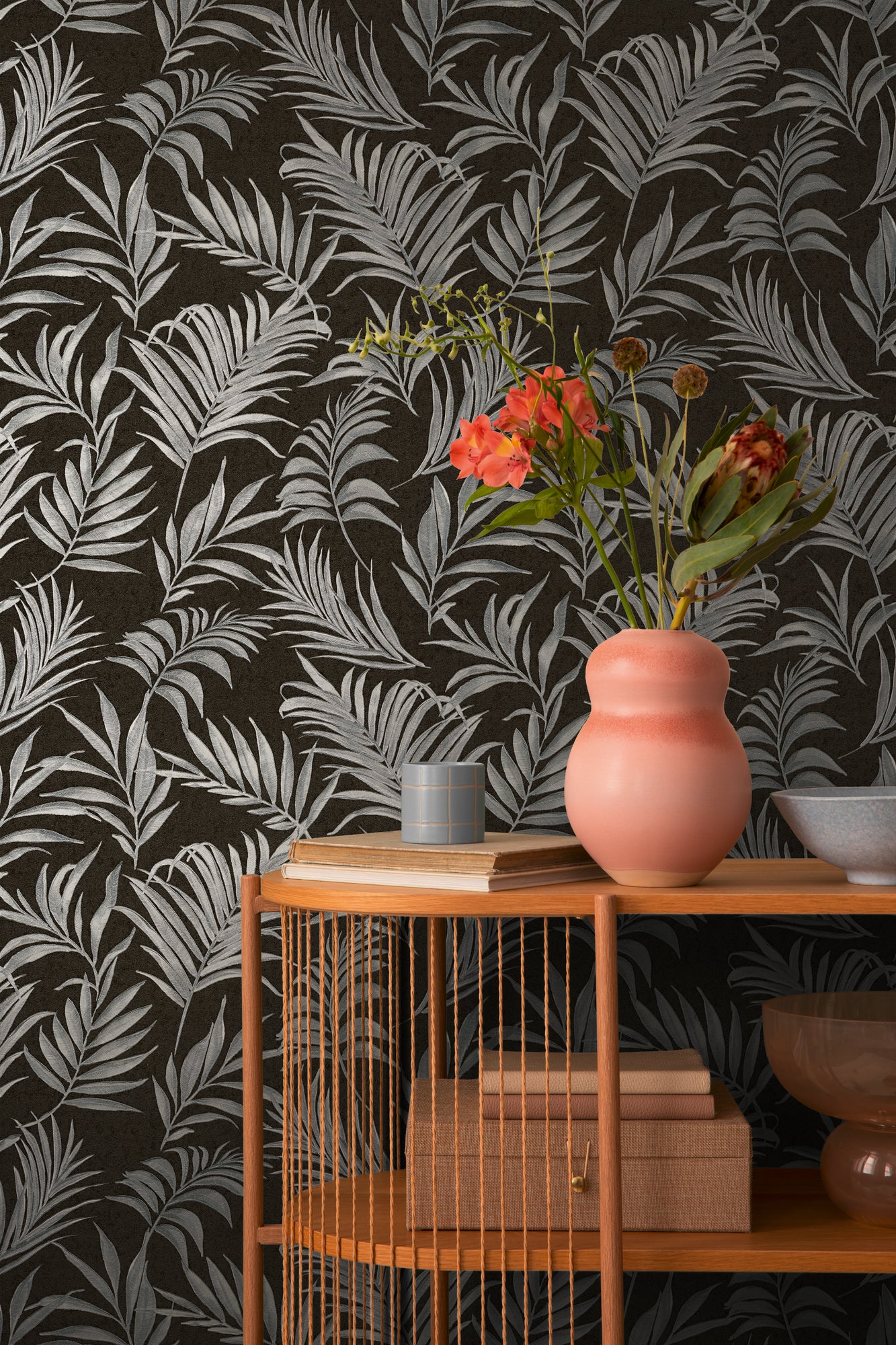 Livingwalls CosmoLiving Midnight Botanica-Mystery Palmenblätter Schwarz Grau - 10,05 m x 0,53 m