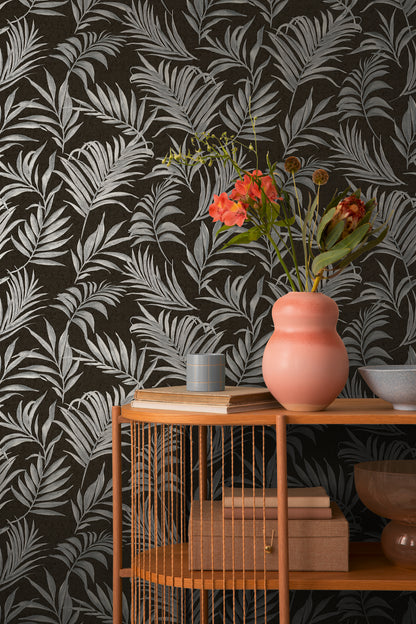 Livingwalls CosmoLiving Midnight Botanica-Mystery Palmenblätter Schwarz Grau - 10,05 m x 0,53 m