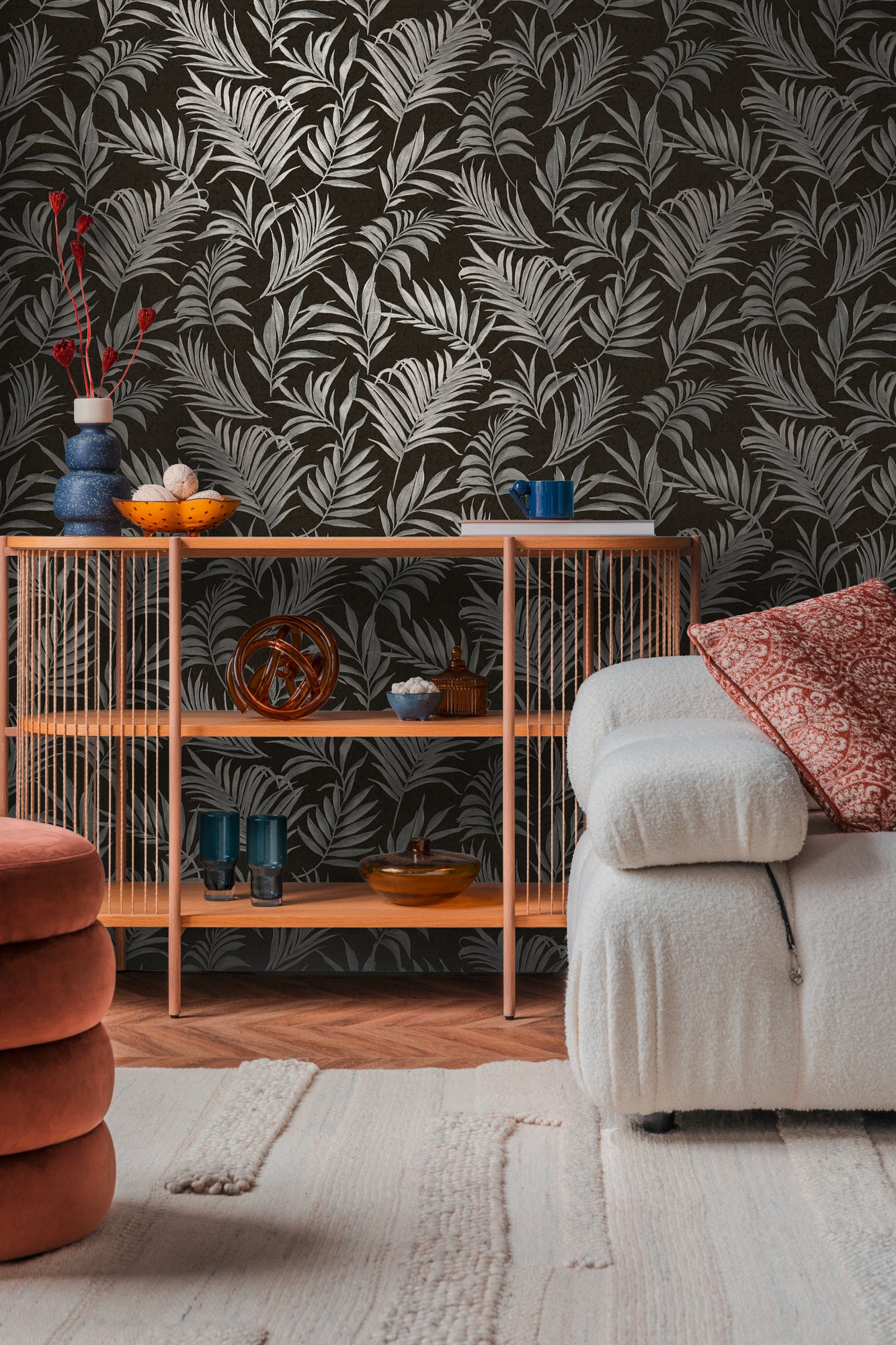 Livingwalls CosmoLiving Midnight Botanica-Mystery Palmenblätter Schwarz Grau - 10,05 m x 0,53 m