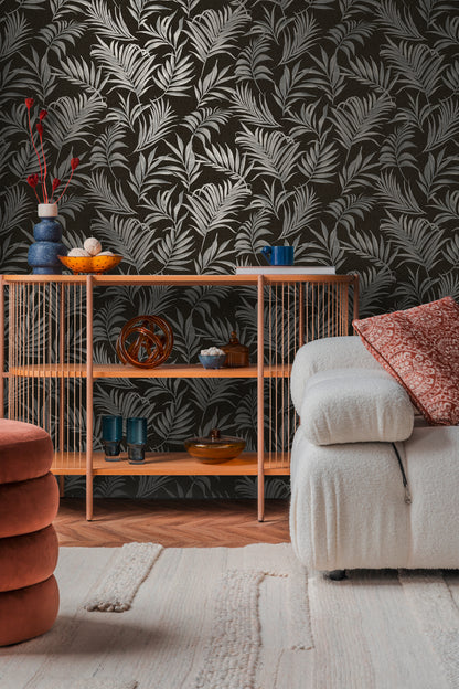 Livingwalls CosmoLiving Midnight Botanica-Mystery Palmenblätter Schwarz Grau - 10,05 m x 0,53 m