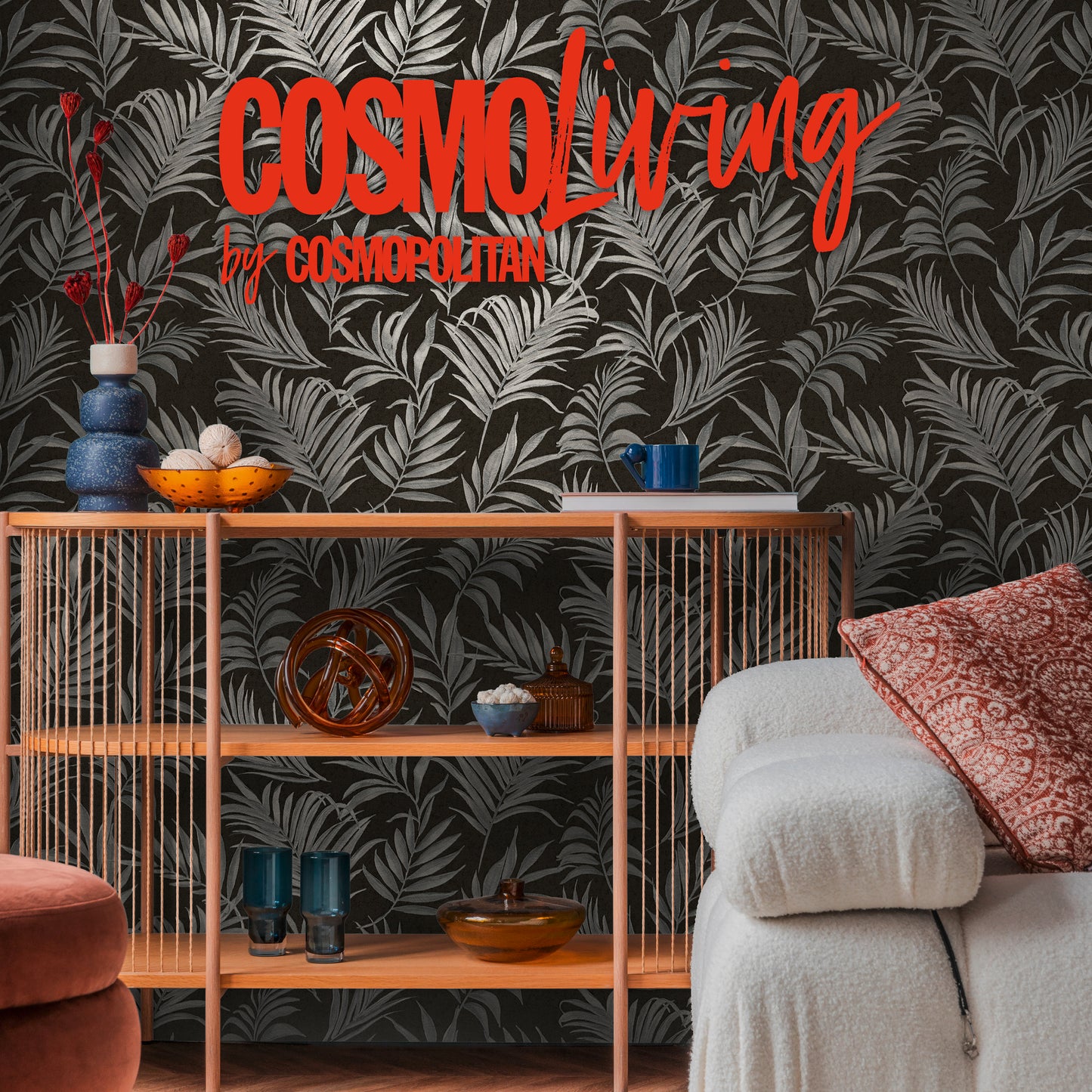 Livingwalls CosmoLiving Midnight Botanica-Mystery Palmenblätter Schwarz Grau - 10,05 m x 0,53 m
