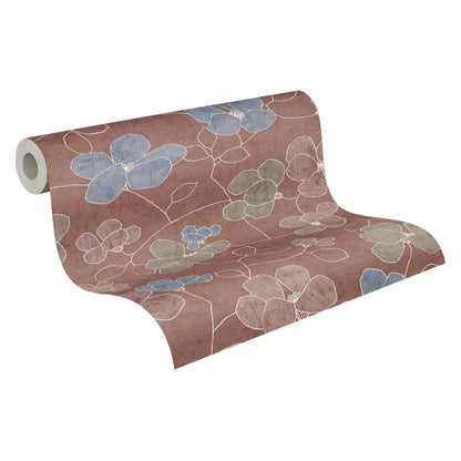 Mustertapete Florale Linienzeichnung Rostrot - 10,05 m x 0,53 m