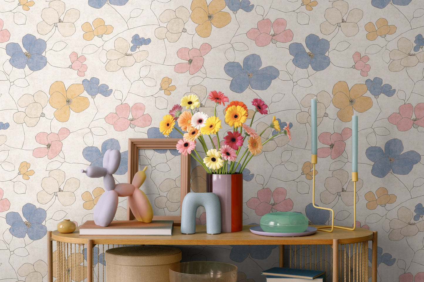 Mustertapete Florale Linienzeichnung Pastell - 10,05 m x 0,53 m