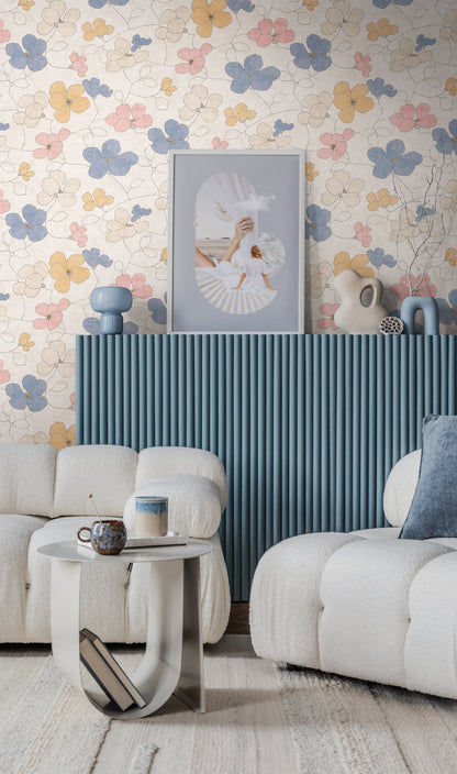 Mustertapete Florale Linienzeichnung Pastell - 10,05 m x 0,53 m