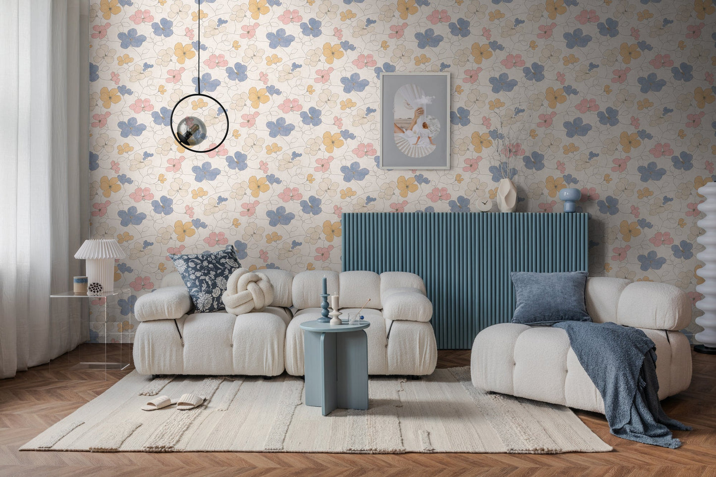 Mustertapete Florale Linienzeichnung Pastell - 10,05 m x 0,53 m