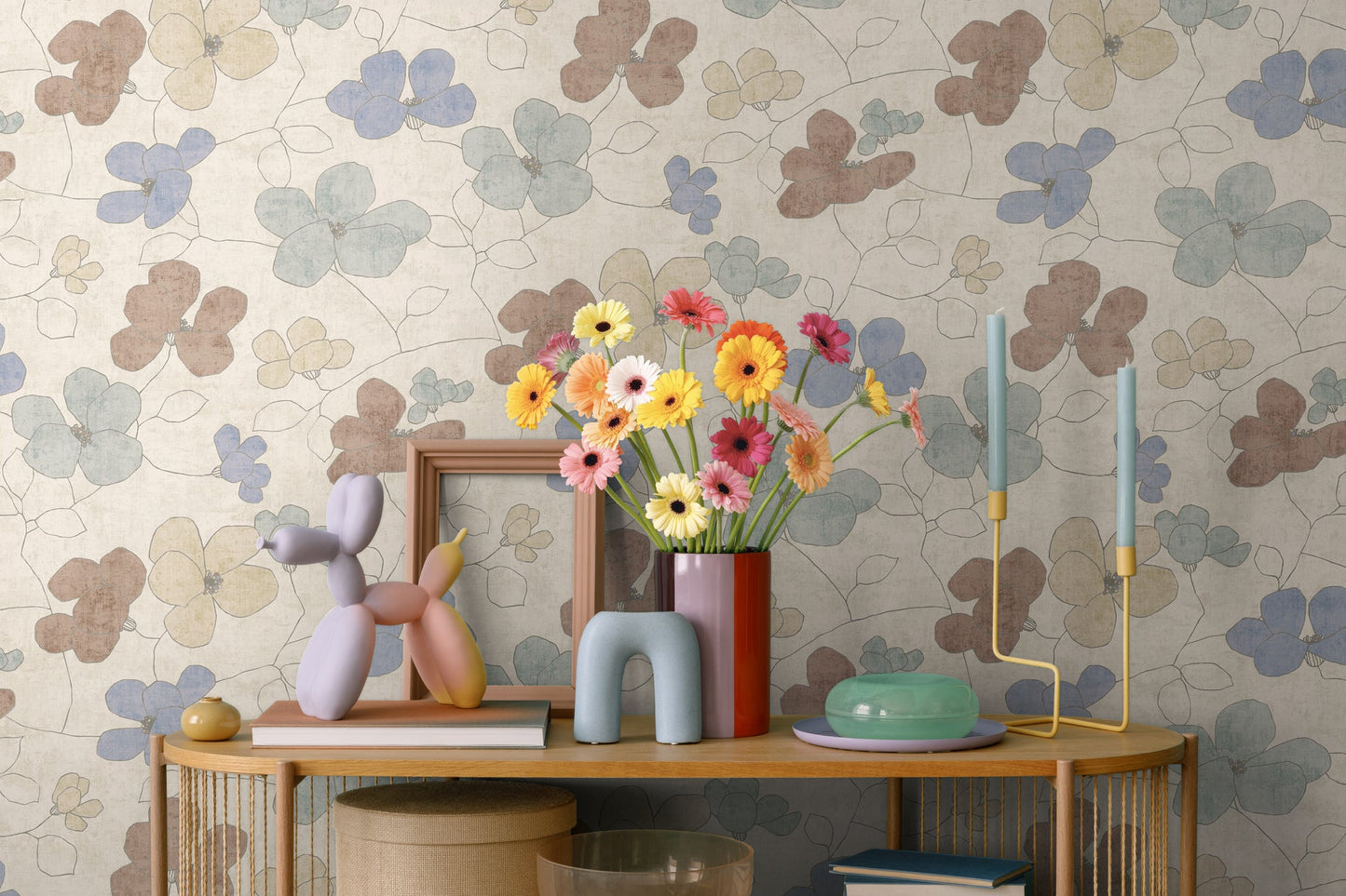 Mustertapete Florale Linienzeichnung Blau-Beige - 10,05 m x 0,53 m