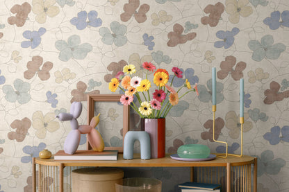 Mustertapete Florale Linienzeichnung Blau-Beige - 10,05 m x 0,53 m