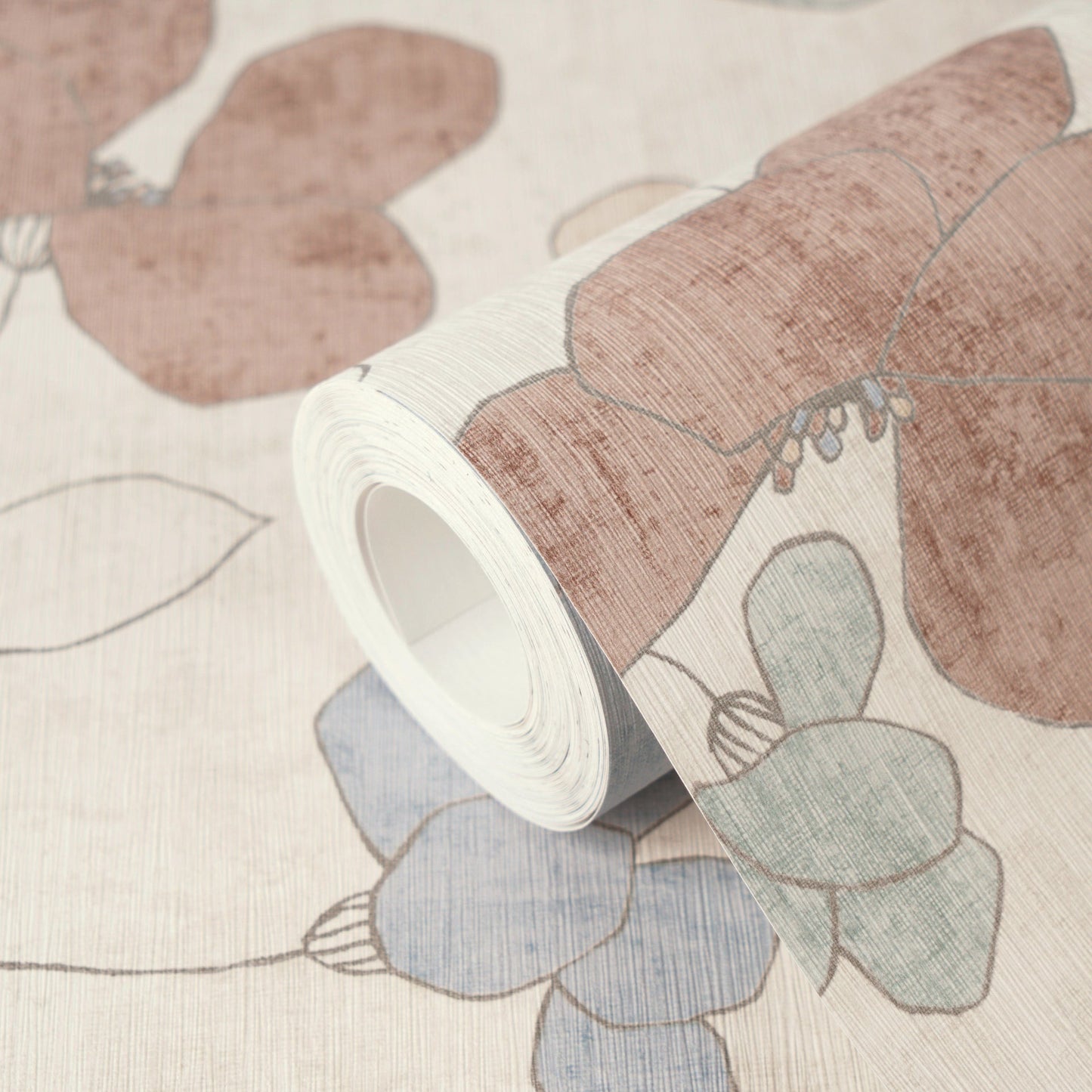 Mustertapete Florale Linienzeichnung Blau-Beige - 10,05 m x 0,53 m