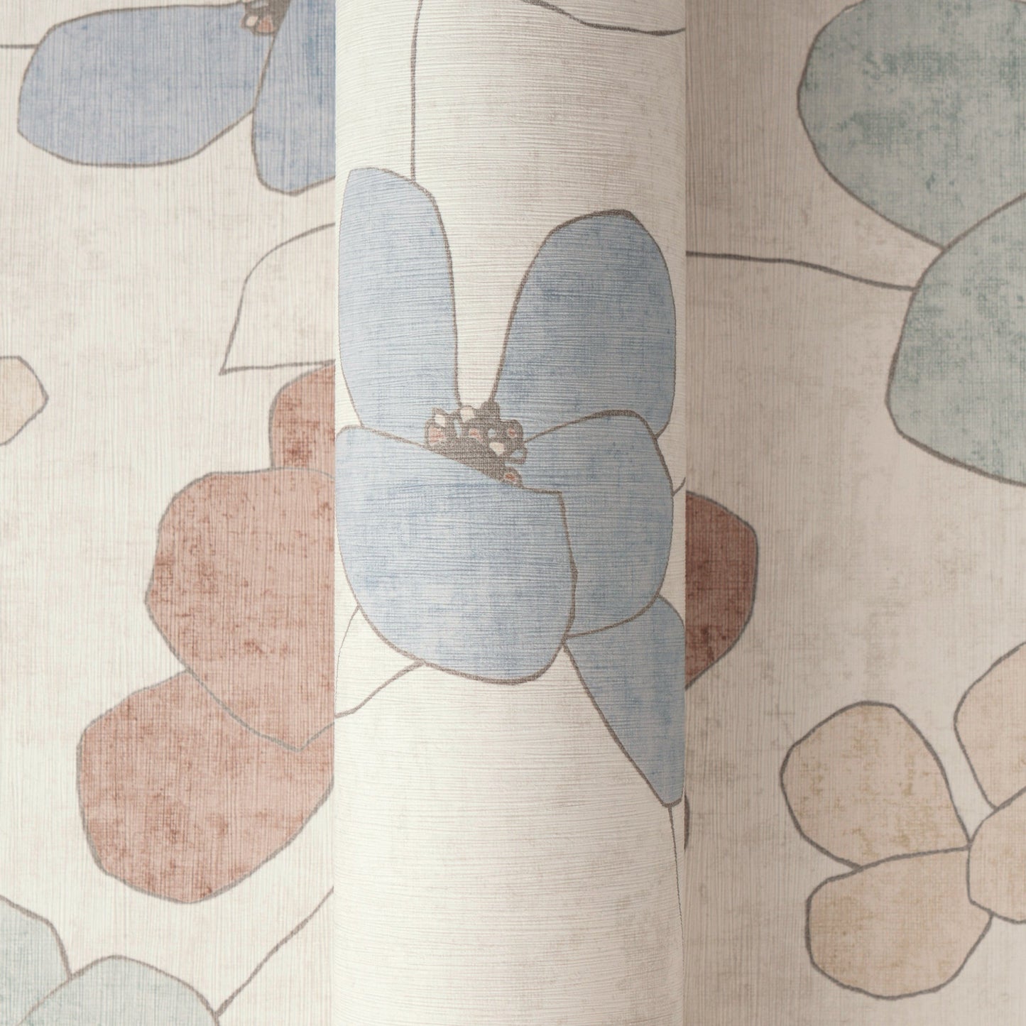 Mustertapete Florale Linienzeichnung Blau-Beige - 10,05 m x 0,53 m
