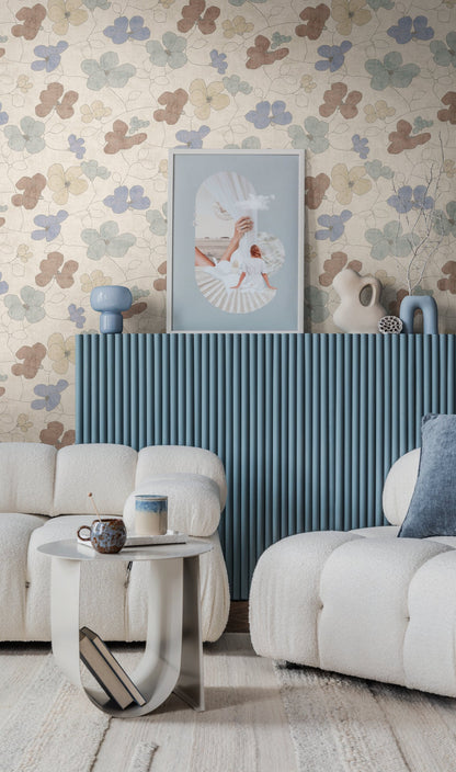 Mustertapete Florale Linienzeichnung Blau-Beige - 10,05 m x 0,53 m