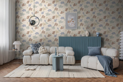 Mustertapete Florale Linienzeichnung Blau-Beige - 10,05 m x 0,53 m