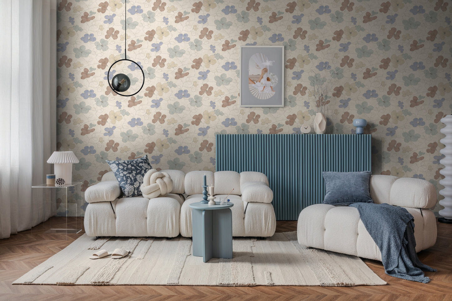Mustertapete Florale Linienzeichnung Blau-Beige - 10,05 m x 0,53 m
