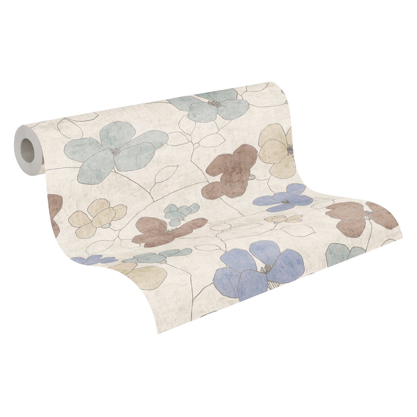 Mustertapete Florale Linienzeichnung Blau-Beige - 10,05 m x 0,53 m