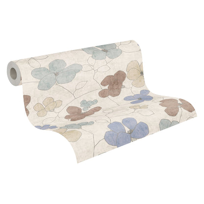 Mustertapete Florale Linienzeichnung Blau-Beige - 10,05 m x 0,53 m