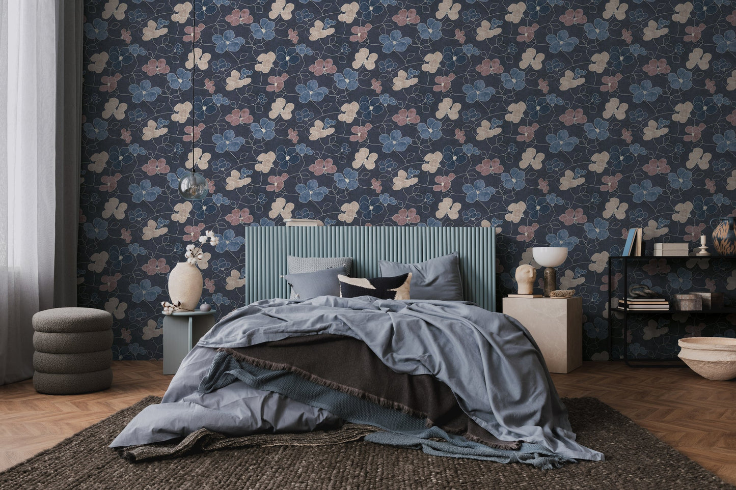 Mustertapete Florale Linienzeichnung Dunkelblau - 10,05 m x 0,53 m