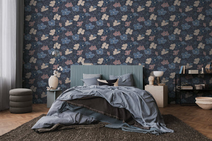 Mustertapete Florale Linienzeichnung Dunkelblau - 10,05 m x 0,53 m