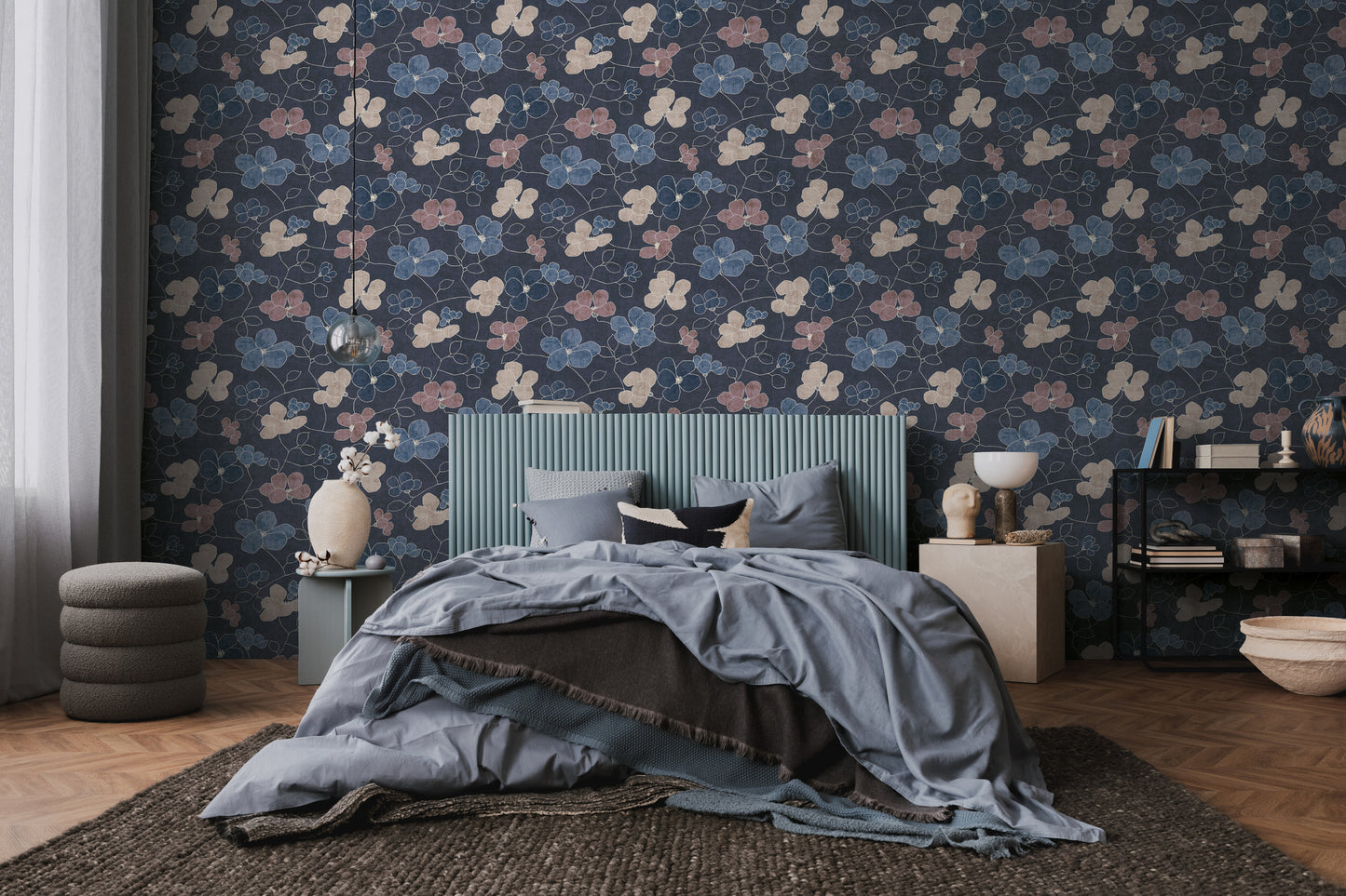 Mustertapete Florale Linienzeichnung Dunkelblau - 10,05 m x 0,53 m