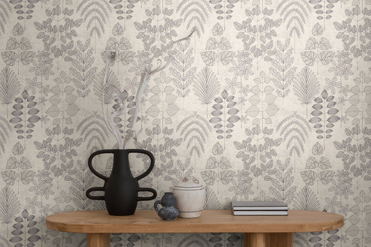 Strukturtapete Farn & Blätter Grau-Beige - 10,05 m x 0,53 m