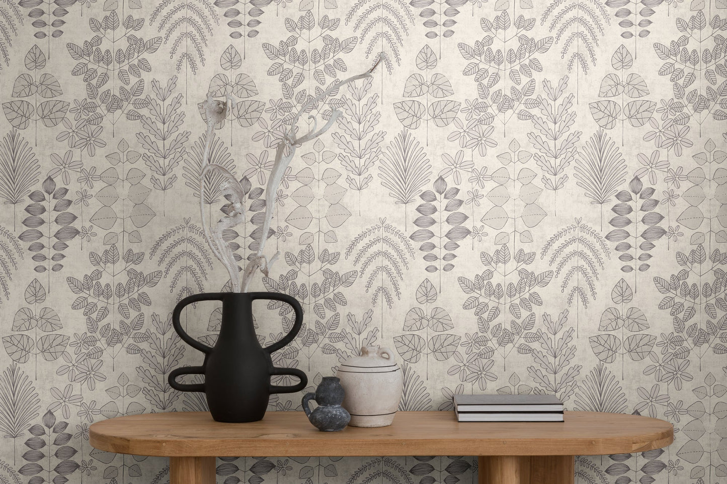 Mustertapete Farn & Blätter Grau-Beige - 10,05 m x 0,53 m