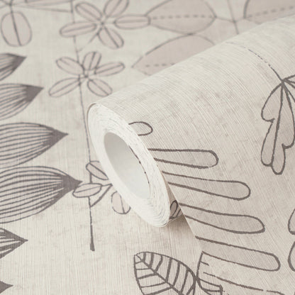 Mustertapete Farn & Blätter Grau-Beige - 10,05 m x 0,53 m