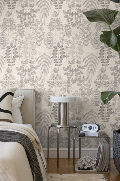 Mustertapete Farn & Blätter Grau-Beige - 10,05 m x 0,53 m